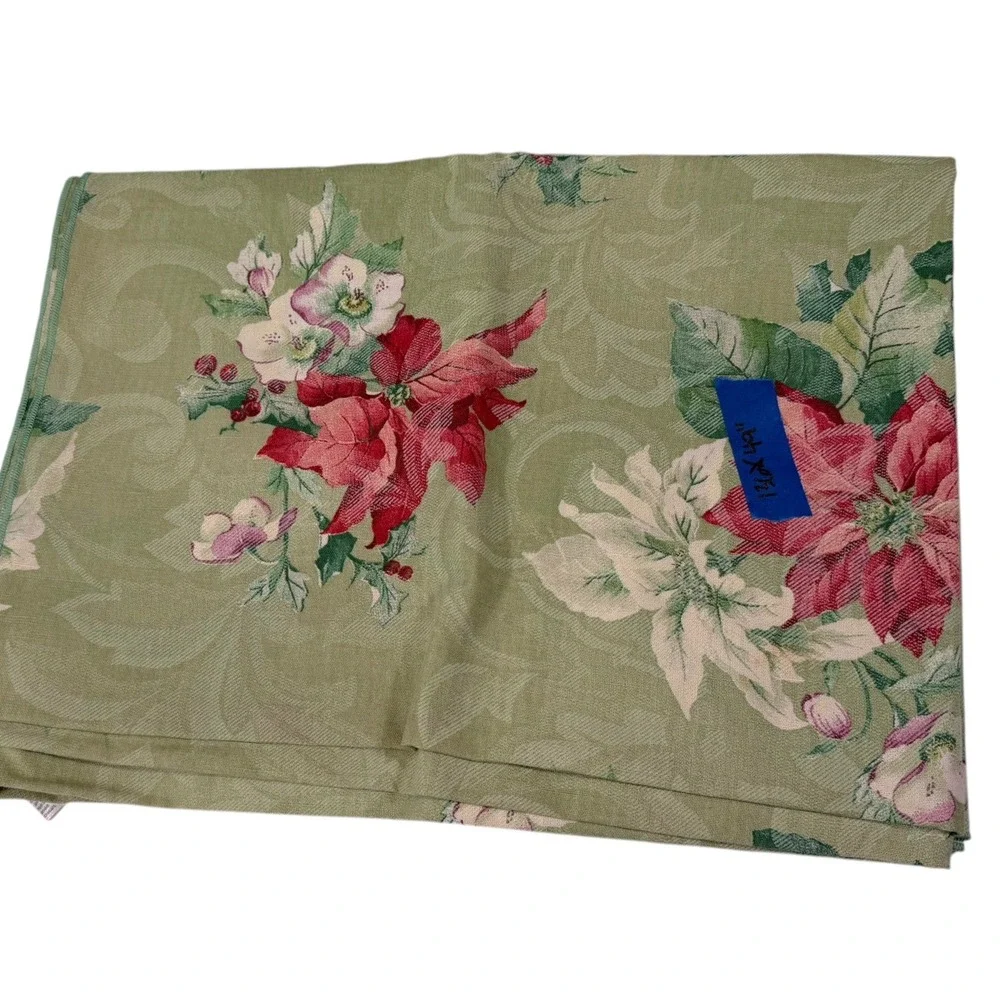 TerriSol 136x49 Green Tablecloth Poinsettia Floral Christmas Holiday Cottagecore